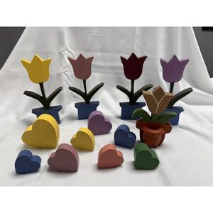 Lot of 13 Handmade Primitive Farmhouse‎ Design Wooden Tulips And Hearts Folk 80s